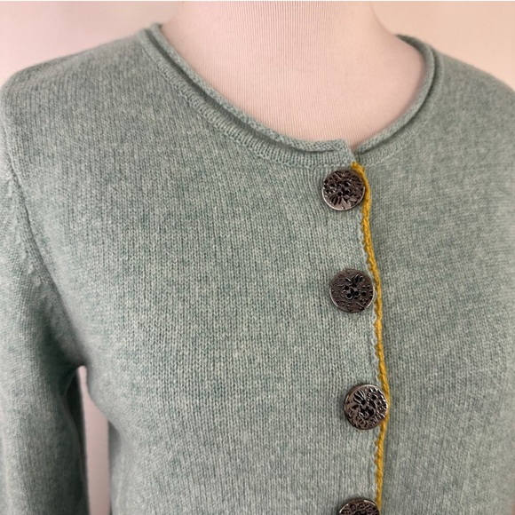 SUNDANCE S Kirsten Merino Wool Cardigan Pockets Teal Blue Green Trim Academia - Picture 2 of 8